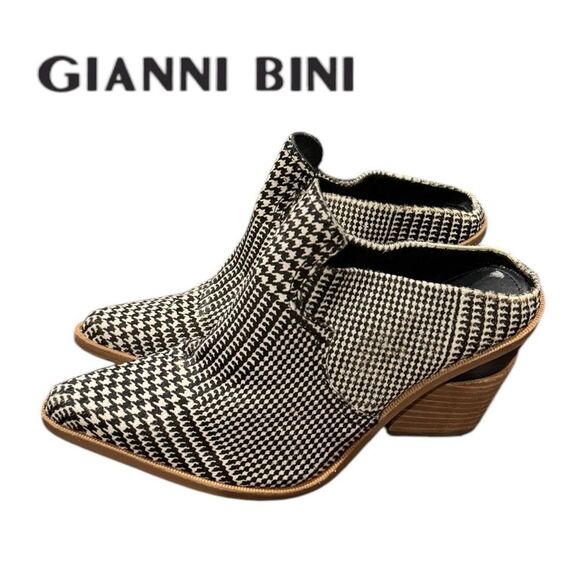 Gianni Bini Macnelle Houndstooth Faux-Haircalf Block Heel Western Mules 6 - Picture 1 of 6